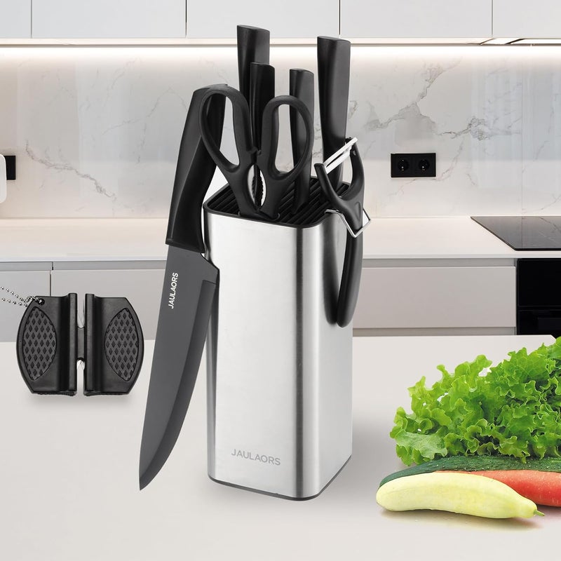 Jaulaors Knife set, 9 Pieces Knives Set for Kitchen with Block and Sharpener, Stainless Steel Dishwasher Safe Knives Set for Kitchen Home Use, Black - Image 1